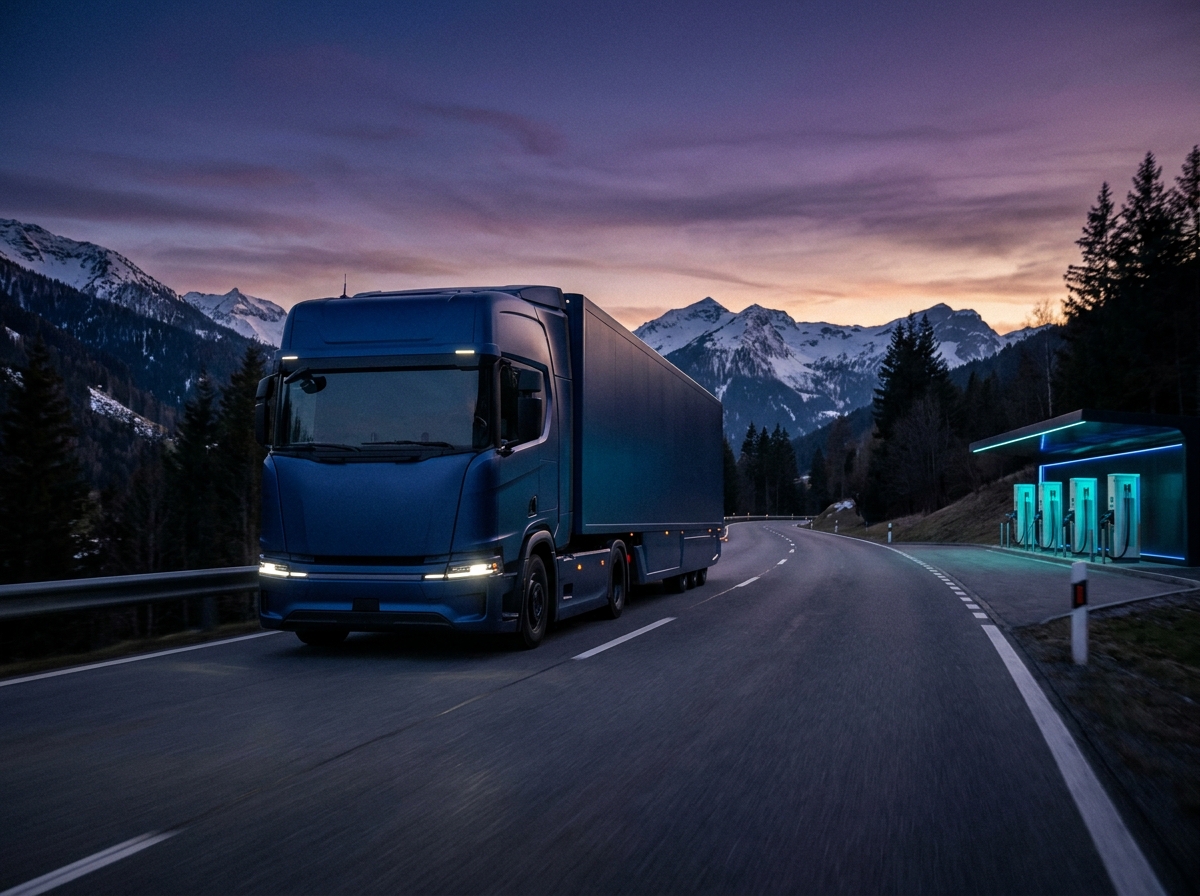 Electric semi-truck on a European motorway at dusk with alpine mountains in the background