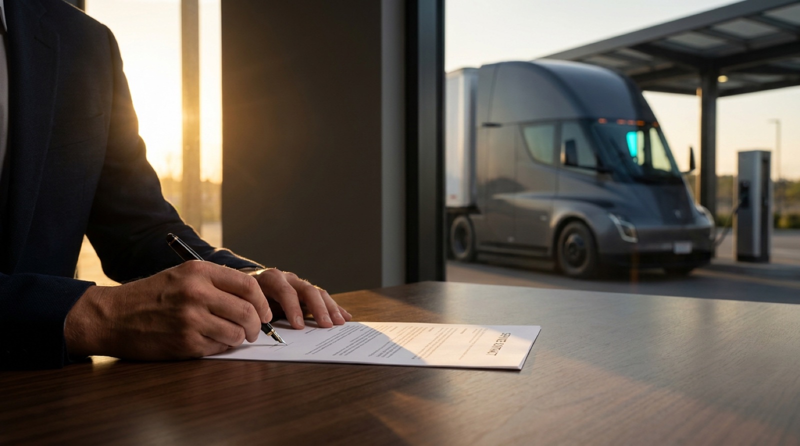 CFO signing service contract with electric semi-truck at charging station