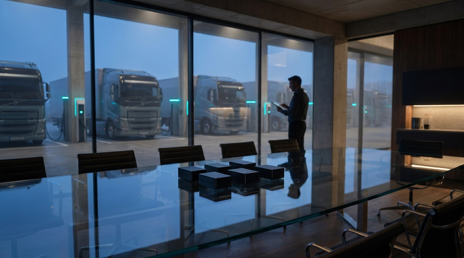 Depot control room overlooking electric truck fleet at blue hour