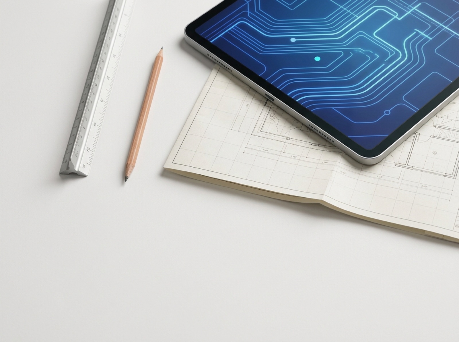 iPad with depot blueprint, architect's scale and pencil on off-white