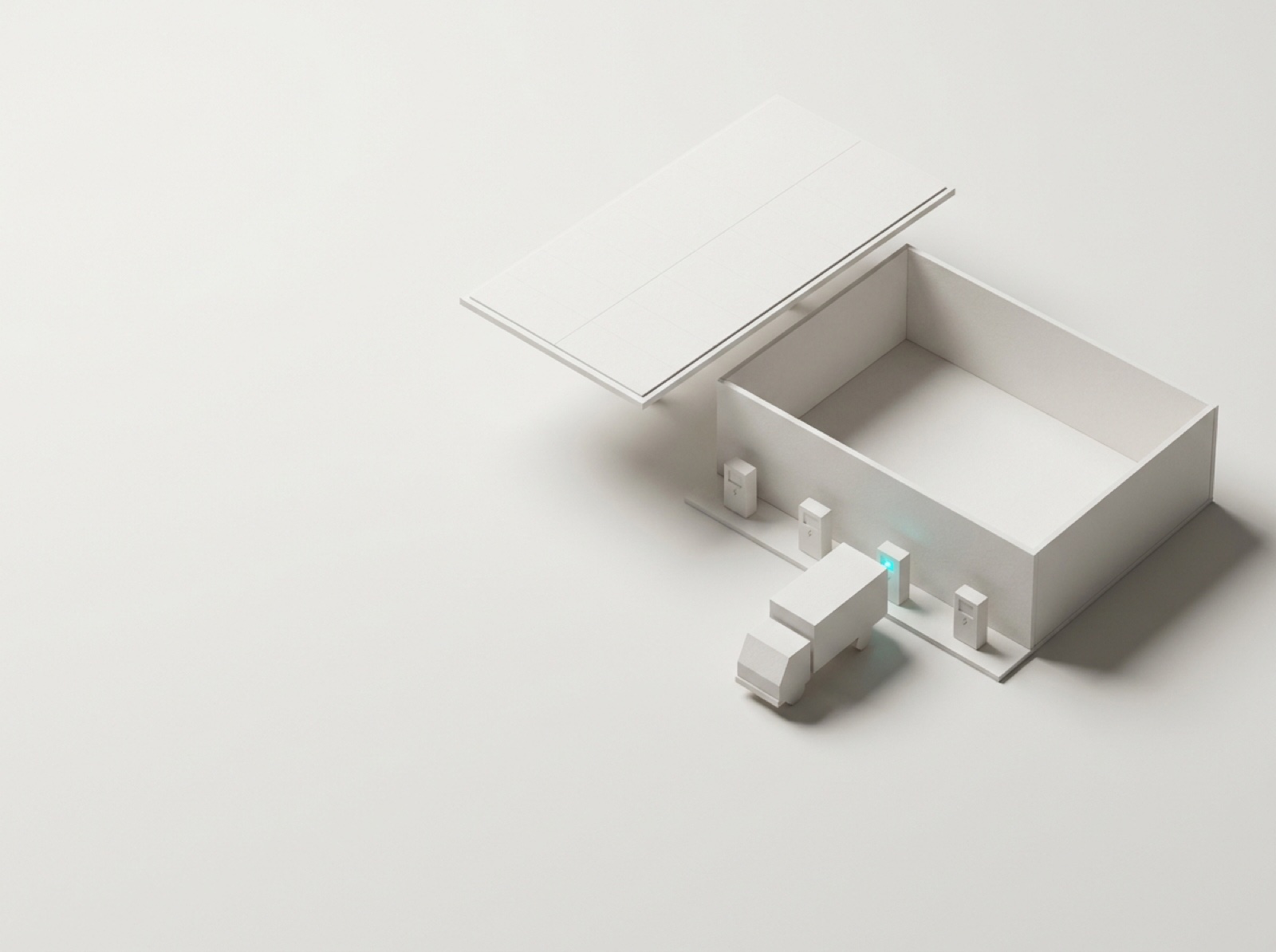 Architectural model of depot with chargers, truck and solar carport