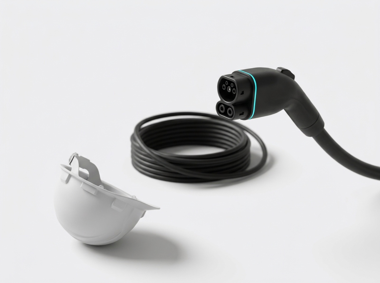 CCS DC charging connector, coiled cable and hard hat on off-white